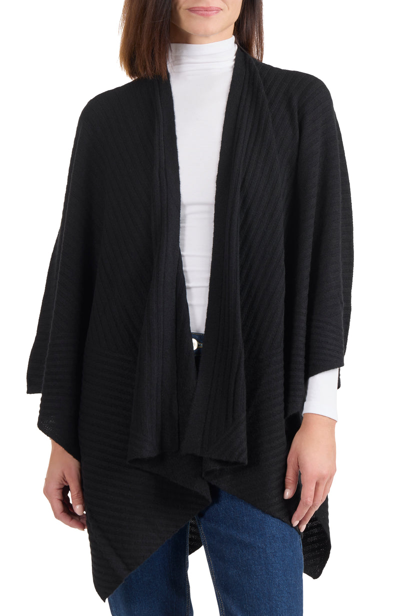 model wearing CASHMERE TRAVELING RIB CAPE in black front