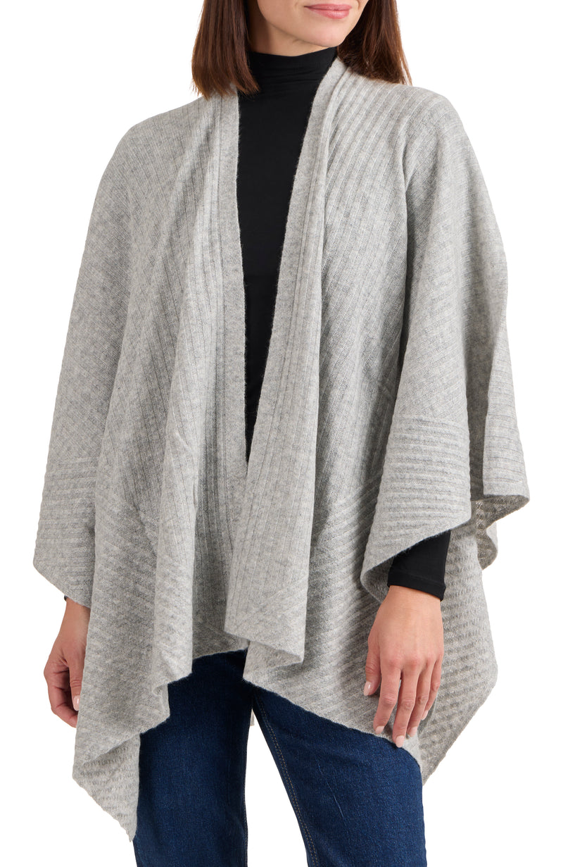 model wearing CASHMERE TRAVELING RIB CAPE in light grey front