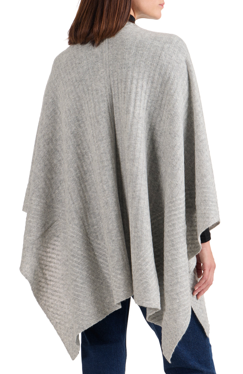 model wearing CASHMERE TRAVELING RIB CAPE in light grey back