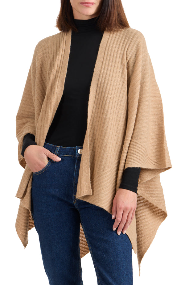 model wearing CASHMERE TRAVELING RIB CAPE in camel front