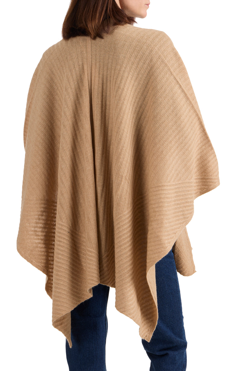 model wearing CASHMERE TRAVELING RIB CAPE in camel back