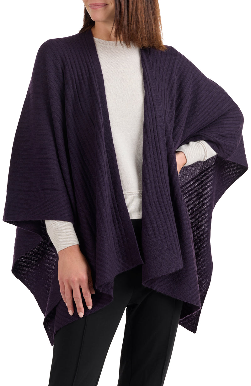 model wearing CASHMERE TRAVELING RIB CAPE in in dark currant front