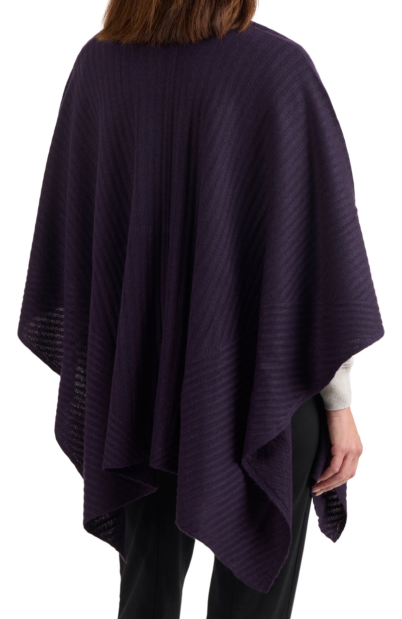 model wearing CASHMERE TRAVELING RIB CAPE in dark currant back