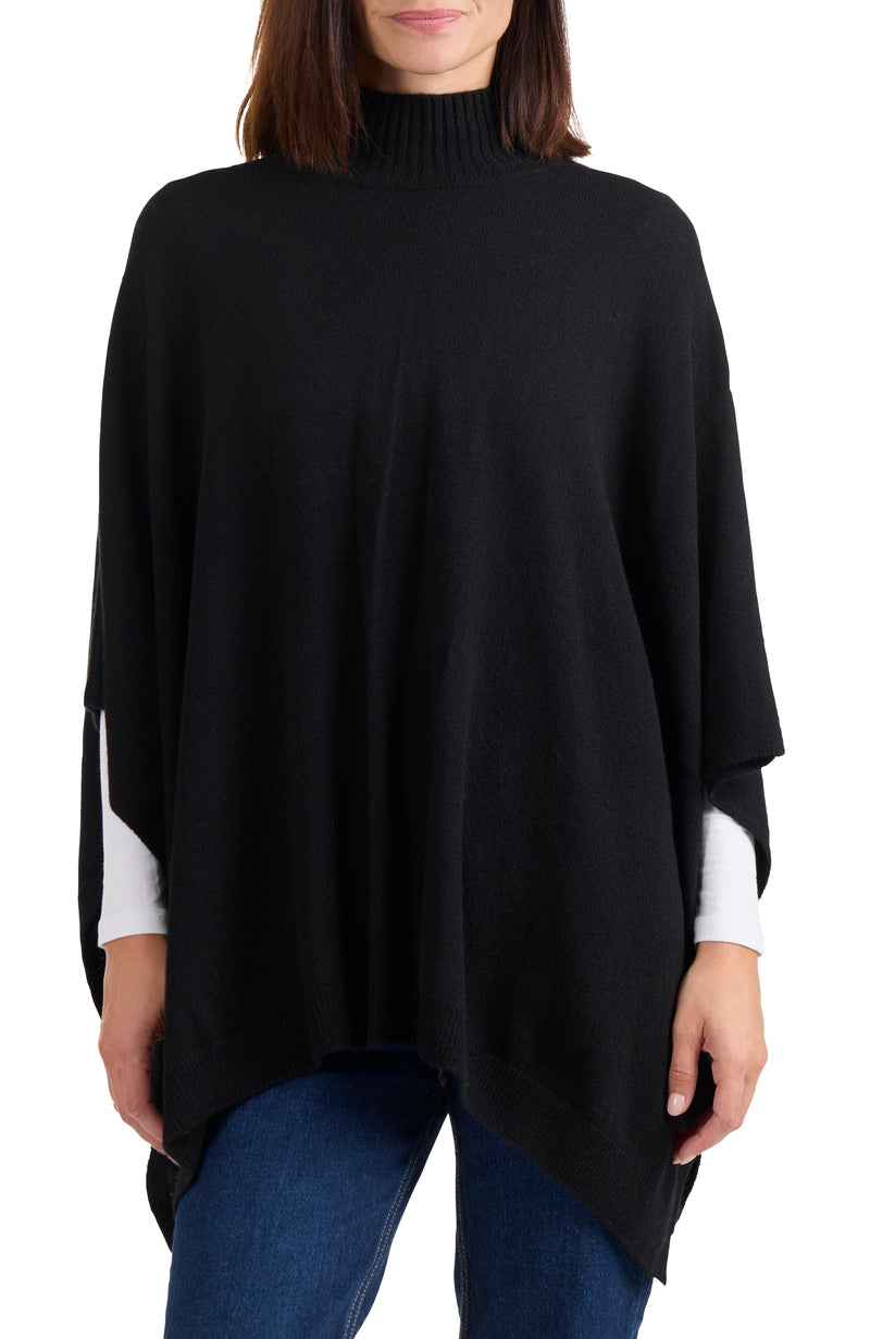 model wearing CASHMERE KNIT FUNNEL NECK PONCHO in black front
