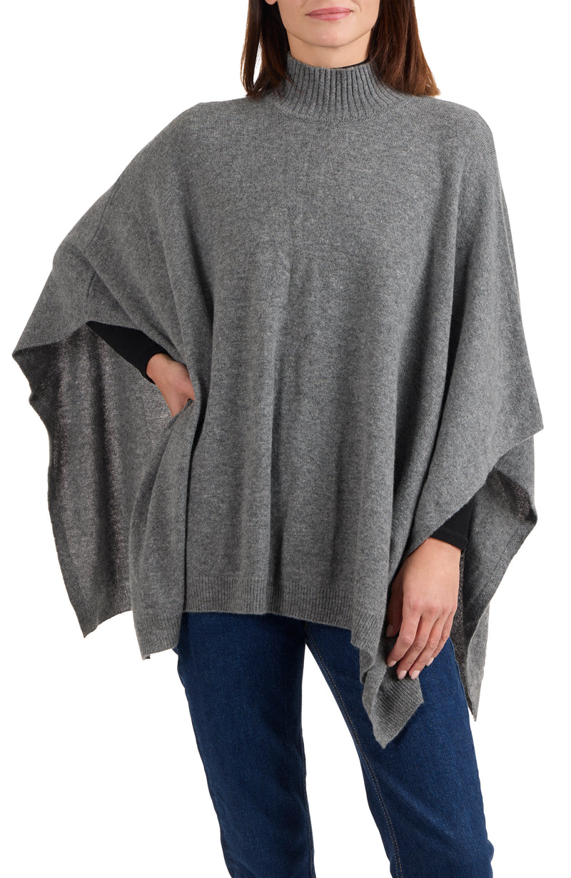 model wearing CASHMERE KNIT FUNNEL NECK PONCHO in medium grey front