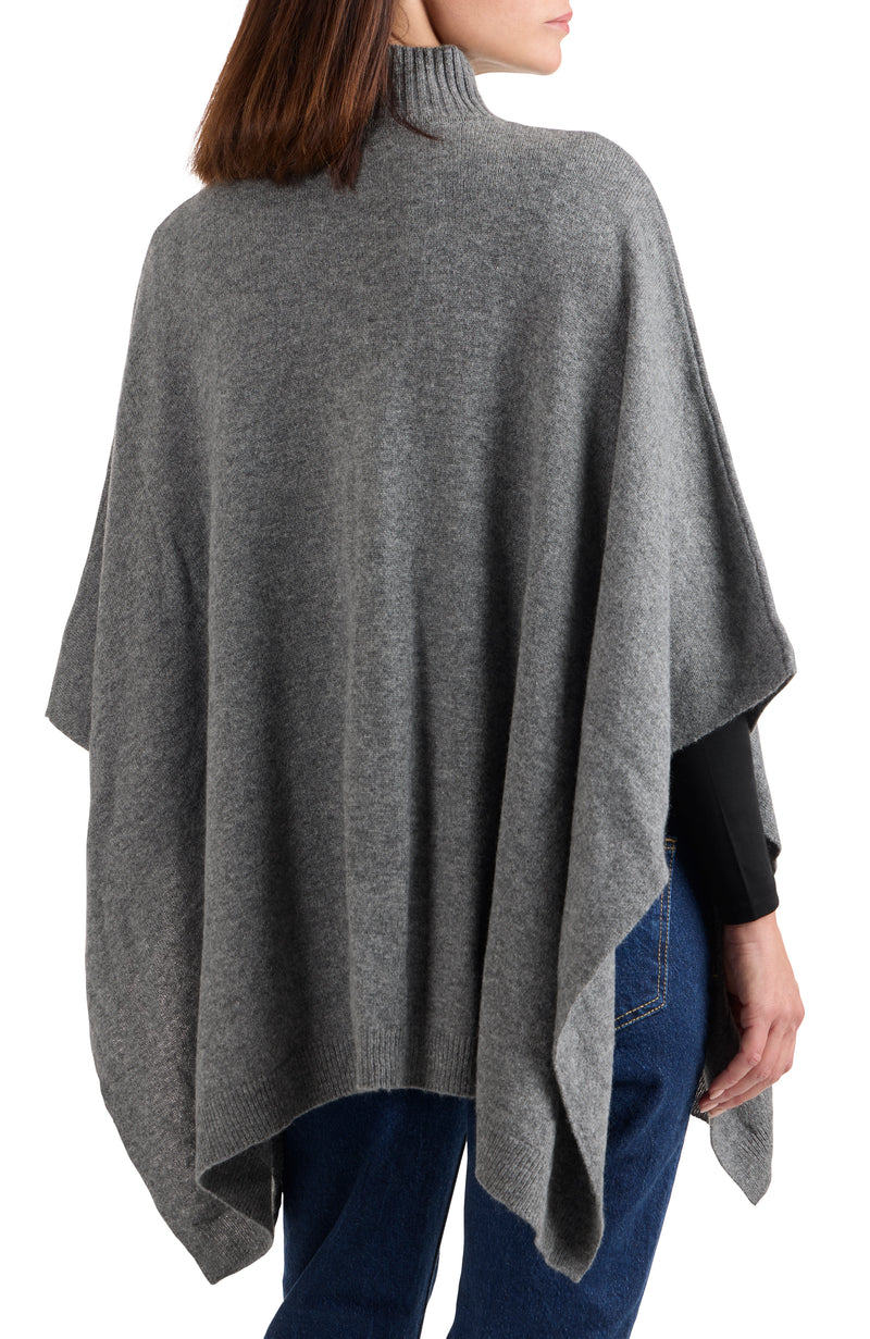 model wearing CASHMERE KNIT FUNNEL NECK PONCHO in medium grey back