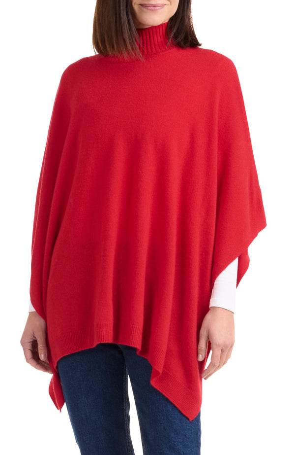 model wearing CASHMERE KNIT FUNNEL NECK PONCHO in red front