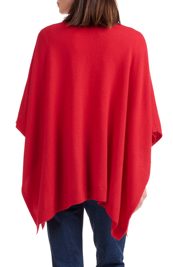 model wearing CASHMERE KNIT FUNNEL NECK PONCHO in red back