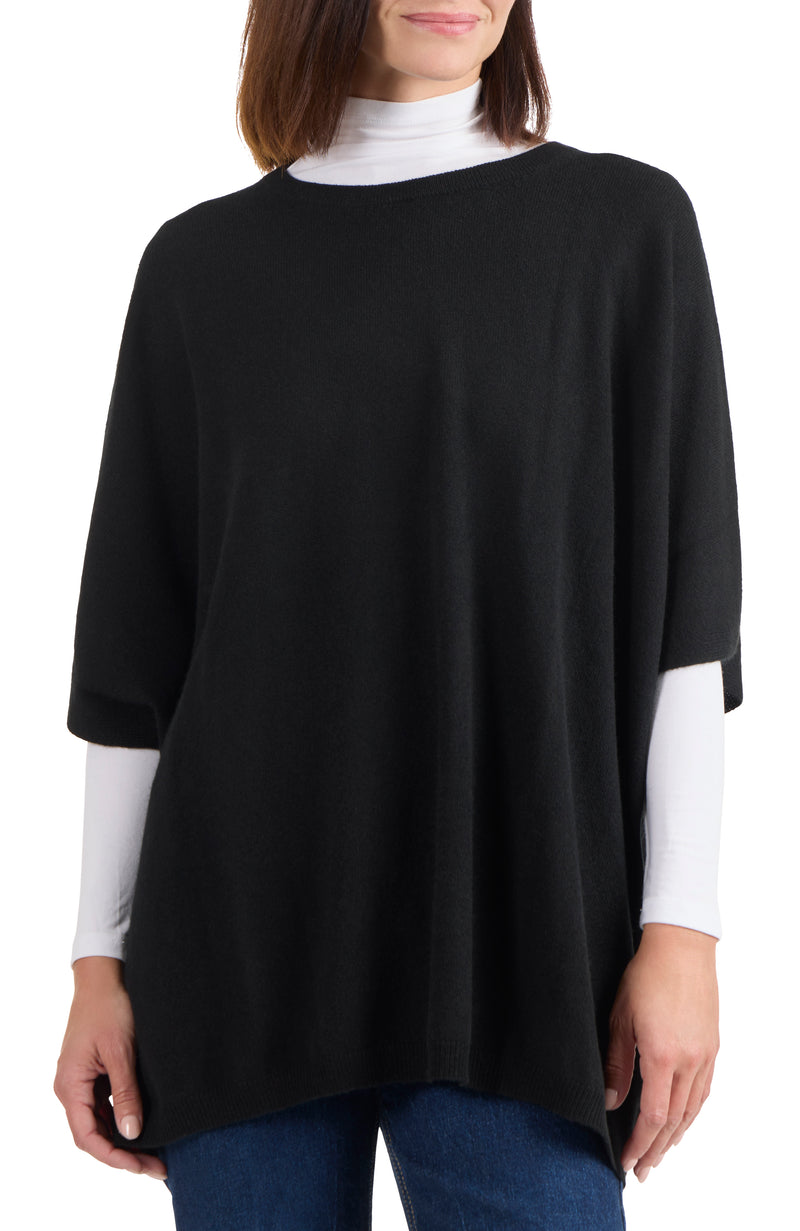 model wearing CASHMERE KNIT CREWNK PONCHO in black front