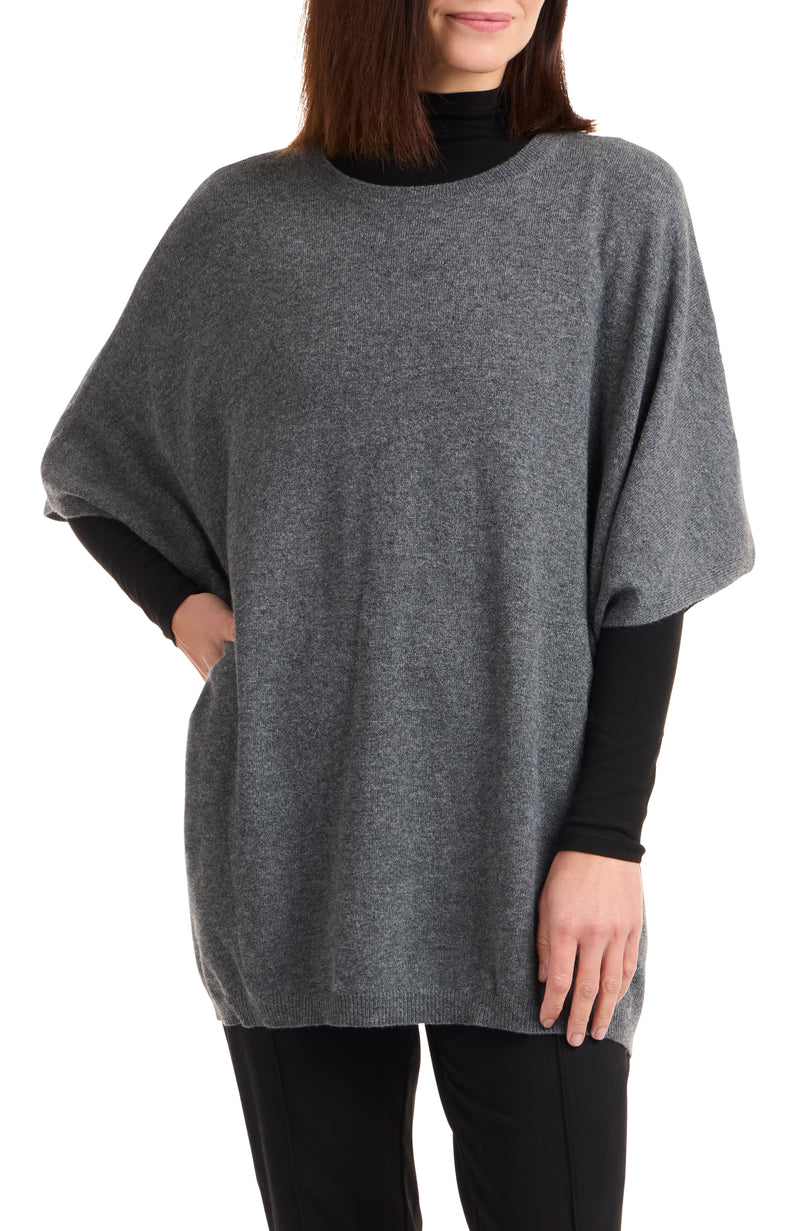 model wearing CASHMERE KNIT CREWNK PONCHO in charcoal front