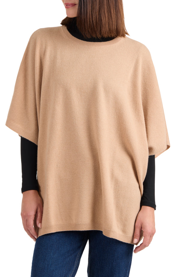 model wearing CASHMERE KNIT CREWNK PONCHO in camel front