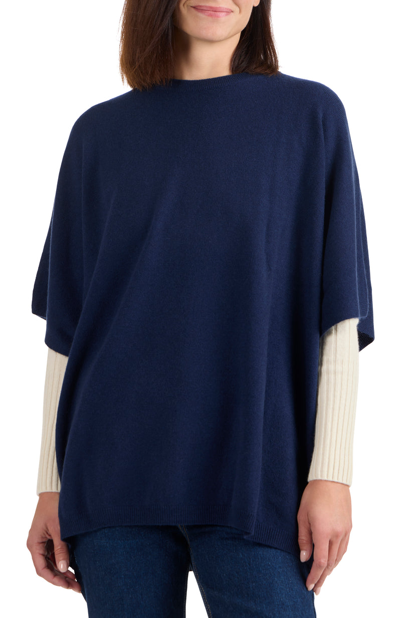 model wearing CASHMERE KNIT CREWNK PONCHO in navy front