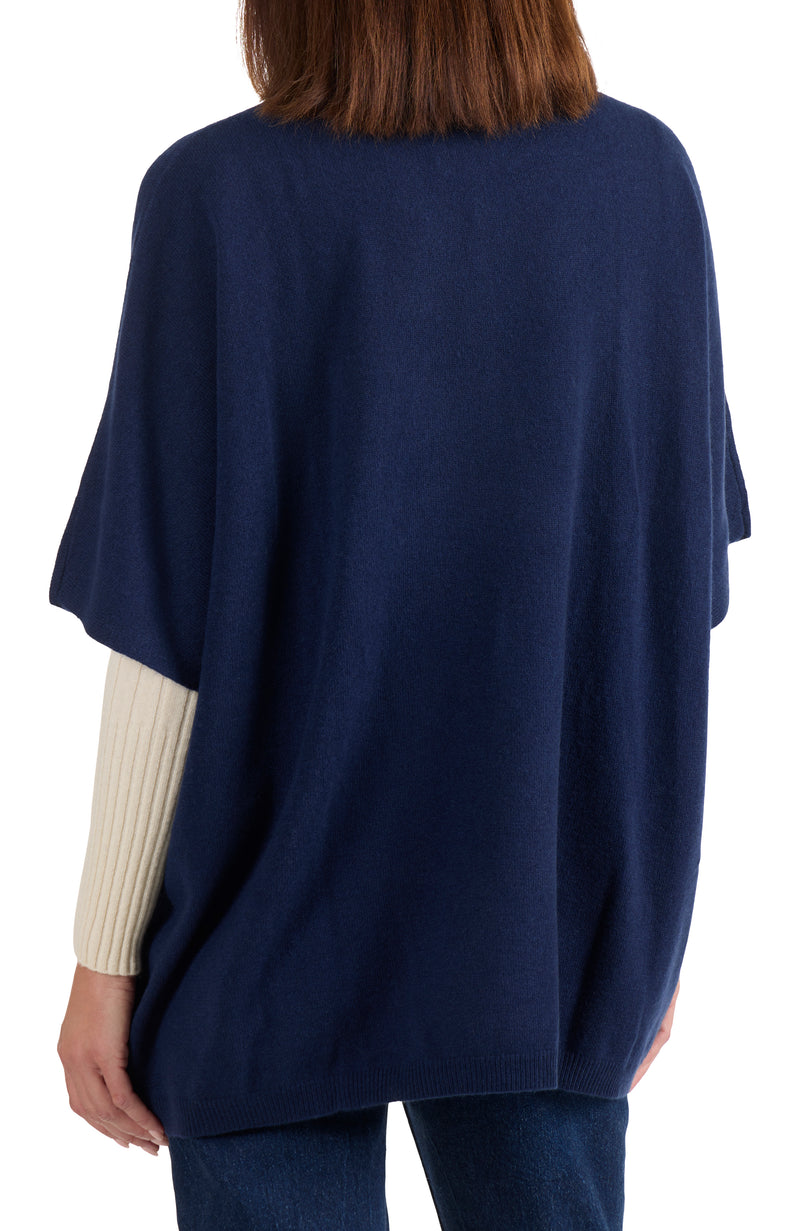 model wearing CASHMERE KNIT CREWNK PONCHO in navy back