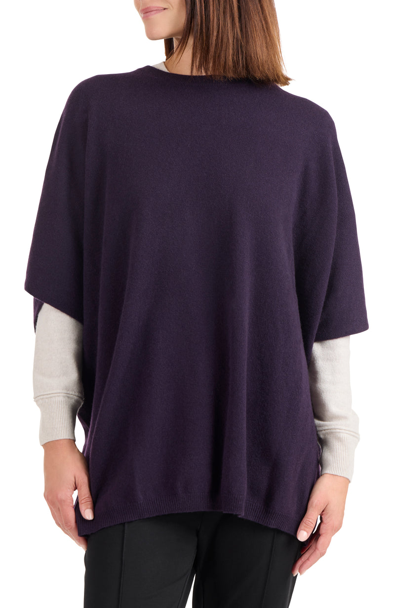 model wearing CASHMERE KNIT CREWNK PONCHO in dark currant front