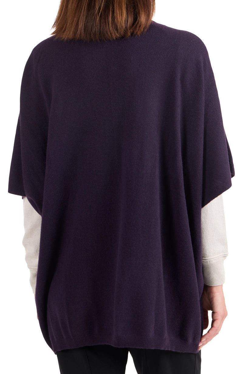 model wearing CASHMERE KNIT CREWNK PONCHO in dark currant back