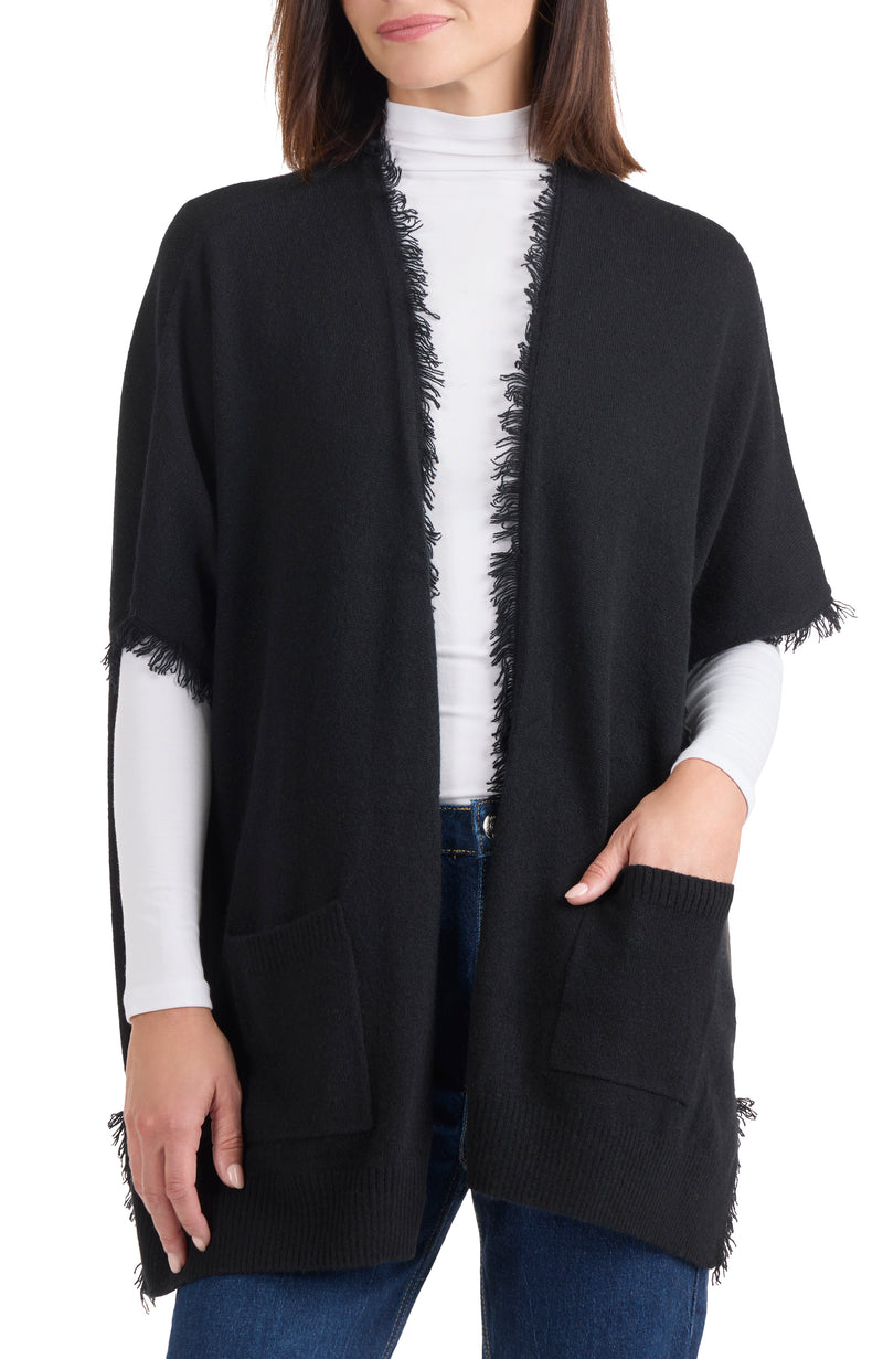 model wearing CASHMERE KNIT CAPE WITH FRINGE in black front