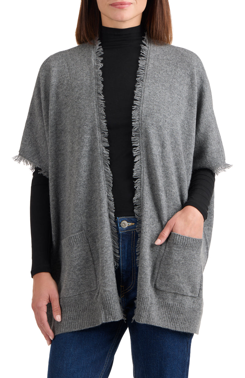 model wearing CASHMERE KNIT CAPE WITH FRINGE in medium grey front