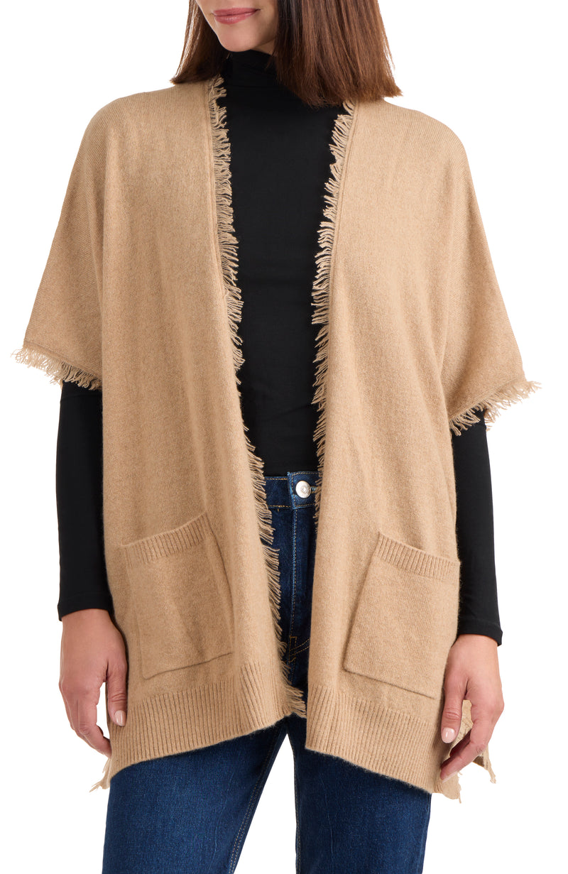 model wearing CASHMERE KNIT CAPE WITH FRINGE in camel front