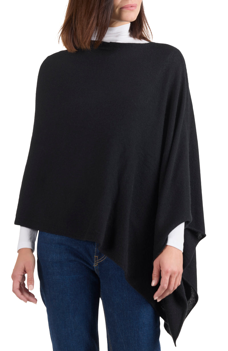 model wearing CASHMERE JERSEY ASYMMETRICAL PONCHO in black front