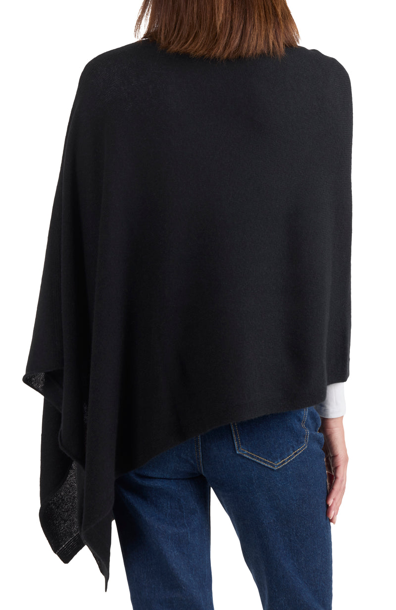 model wearing CASHMERE JERSEY ASYMMETRICAL PONCHO in black back