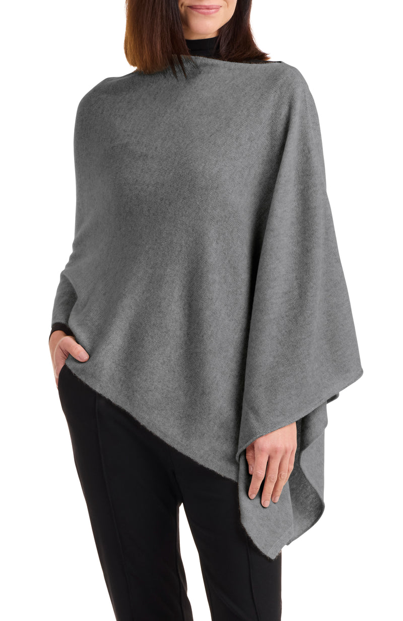 model wearing CASHMERE JERSEY ASYMMETRICAL PONCHO in medium grey front