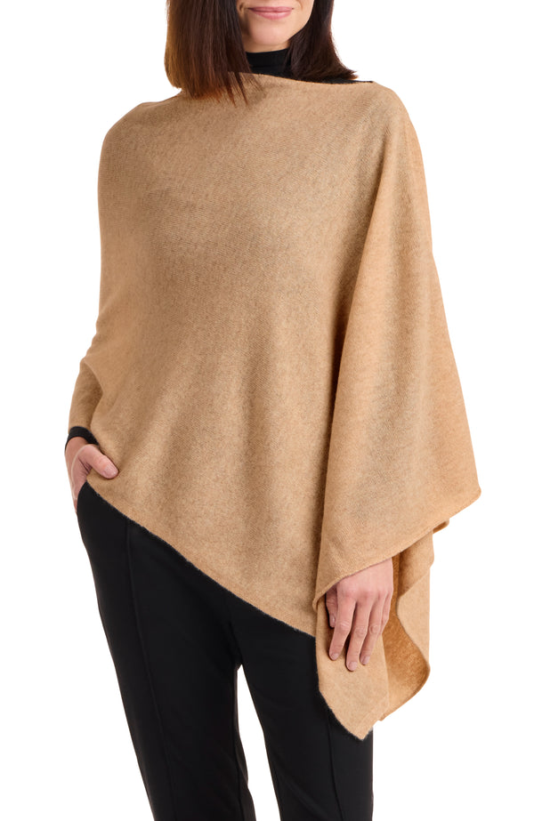 model wearing CASHMERE JERSEY ASYMMETRICAL PONCHO in camel front