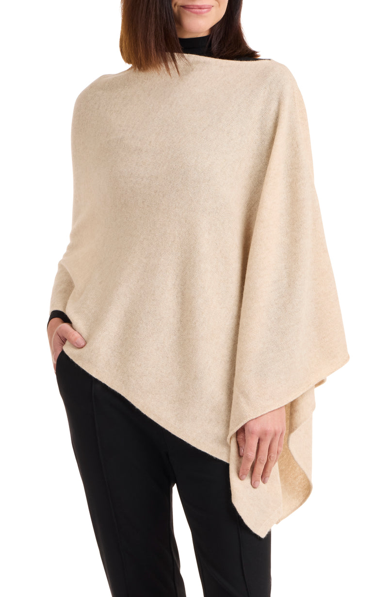 model wearing CASHMERE JERSEY ASYMMETRICAL PONCHO in oat front