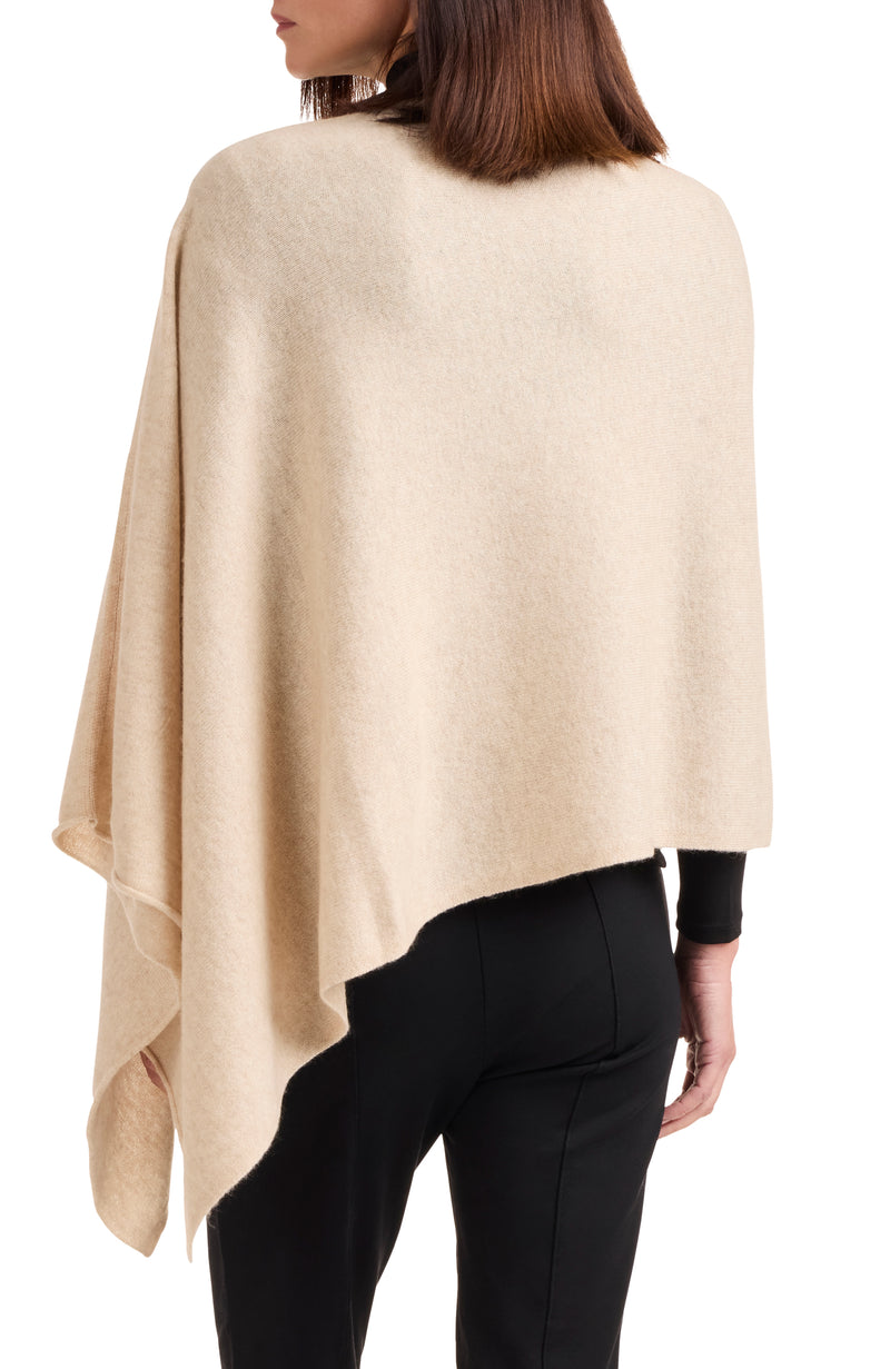 model wearing CASHMERE JERSEY ASYMMETRICAL PONCHO in oat back