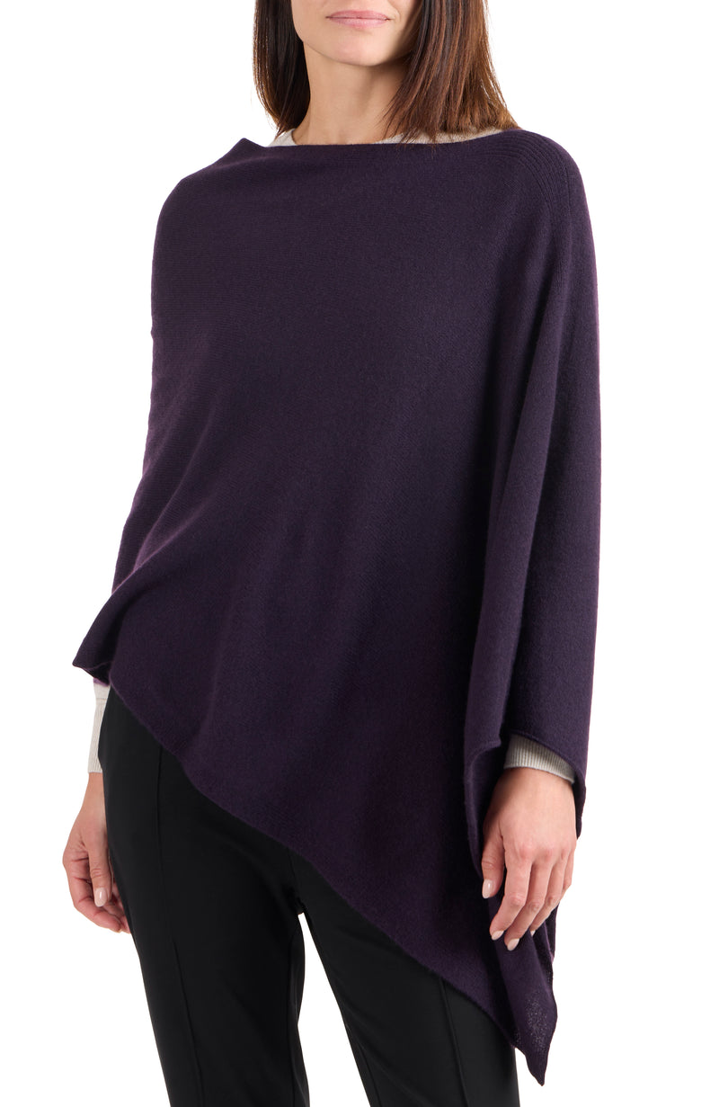 model wearing CASHMERE JERSEY ASYMMETRICAL PONCHO in dark currant front