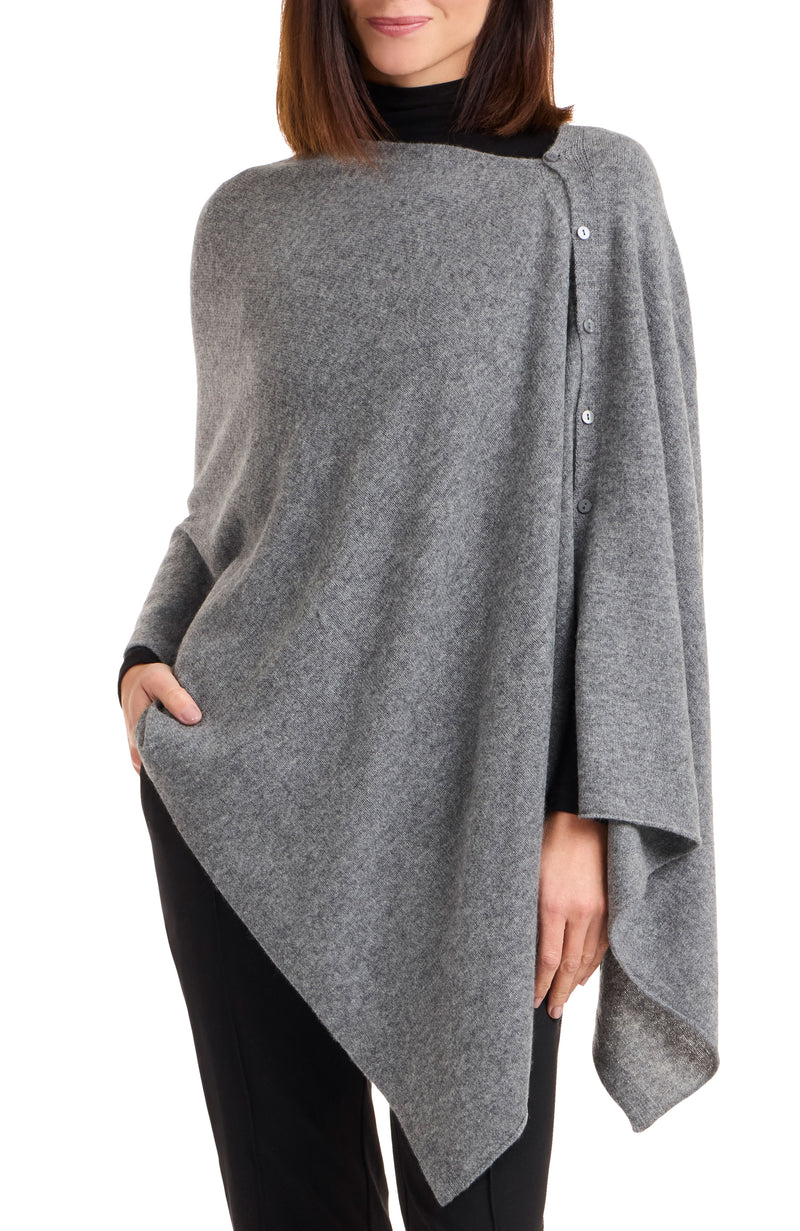 Model wearing CASHMERE BUTTON SHOULDER PONCHO + WRAP in medium grey