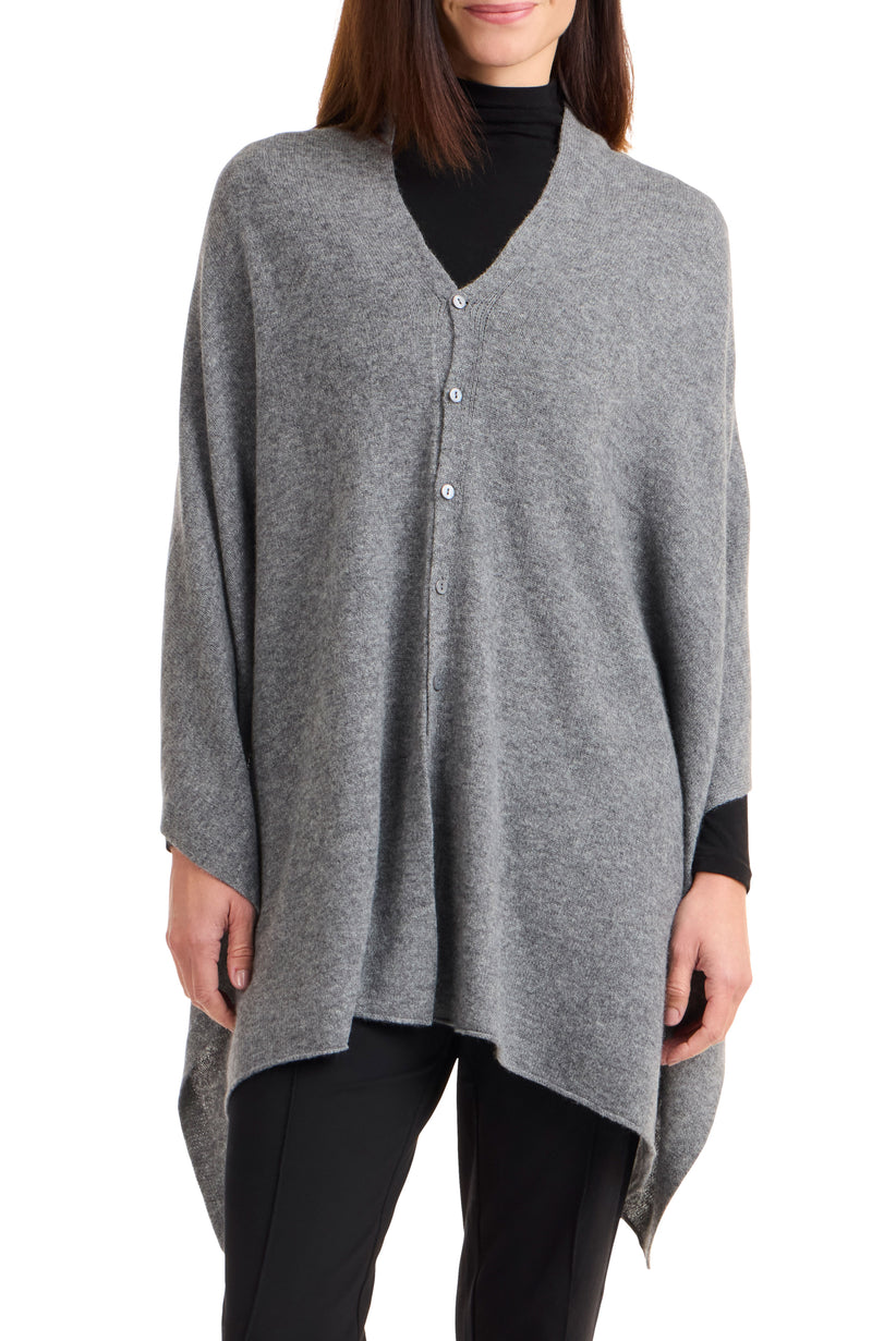 Model wearing CASHMERE BUTTON SHOULDER PONCHO + WRAP in medium grey