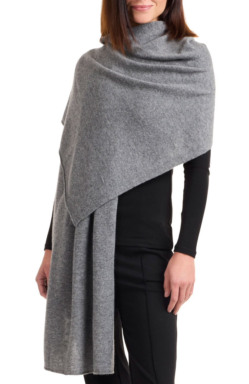 Model wearing CASHMERE BUTTON SHOULDER PONCHO + WRAP in medium grey