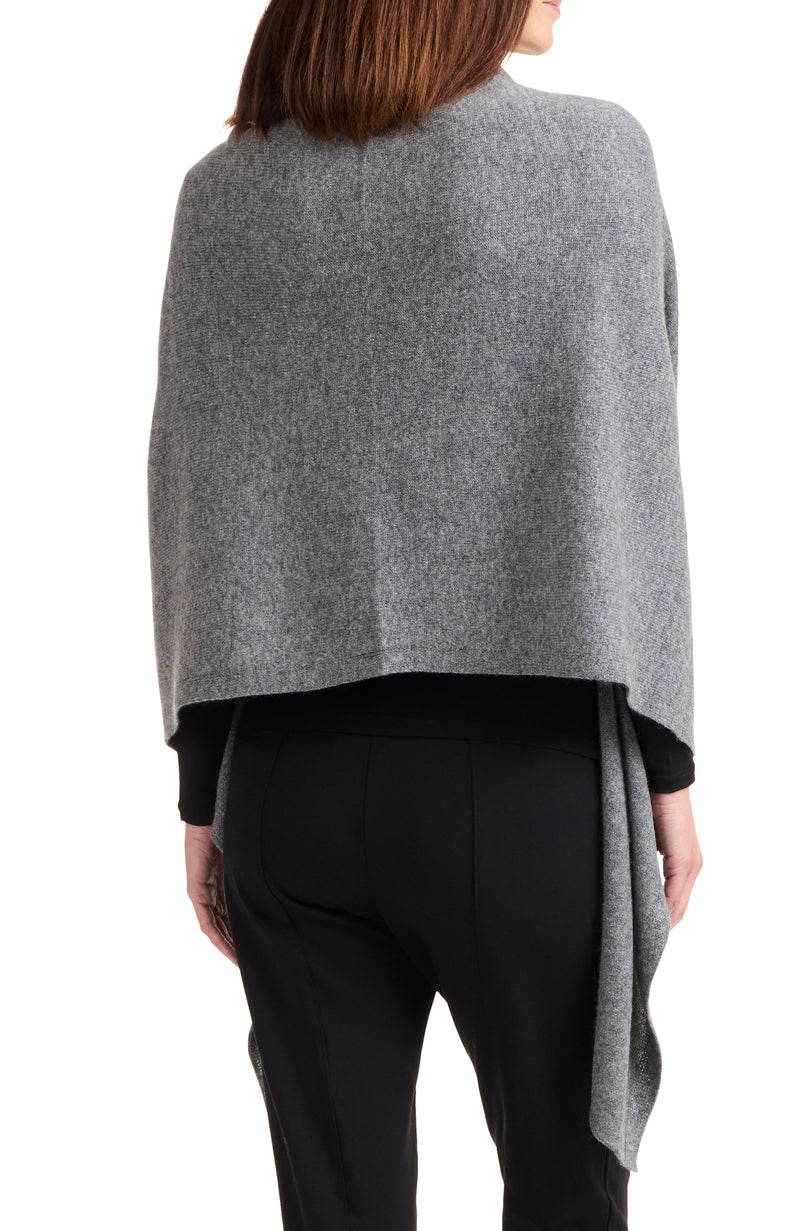 Model wearing CASHMERE BUTTON SHOULDER PONCHO + WRAP in medium grey