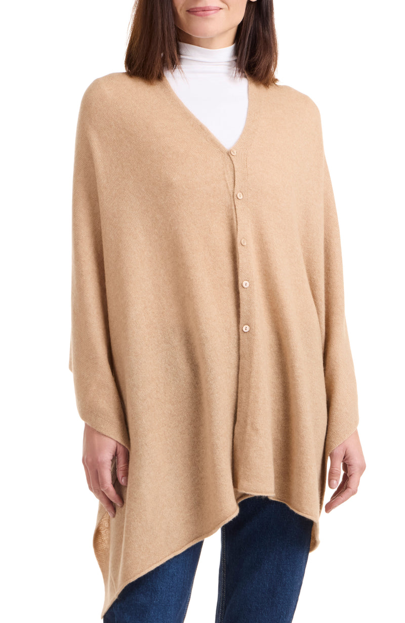 Model wearing CASHMERE BUTTON SHOULDER PONCHO + WRAP in camel