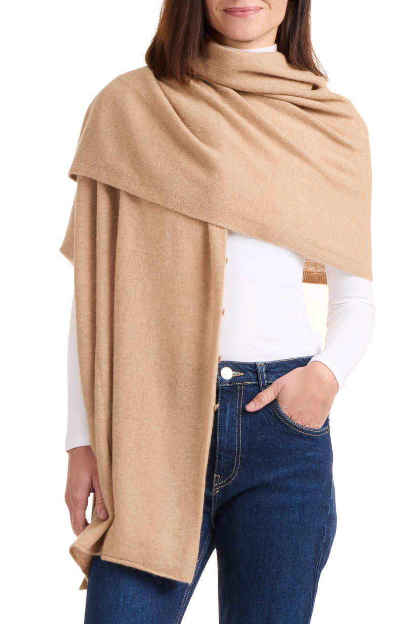 Model wearing CASHMERE BUTTON SHOULDER PONCHO + WRAP in camel