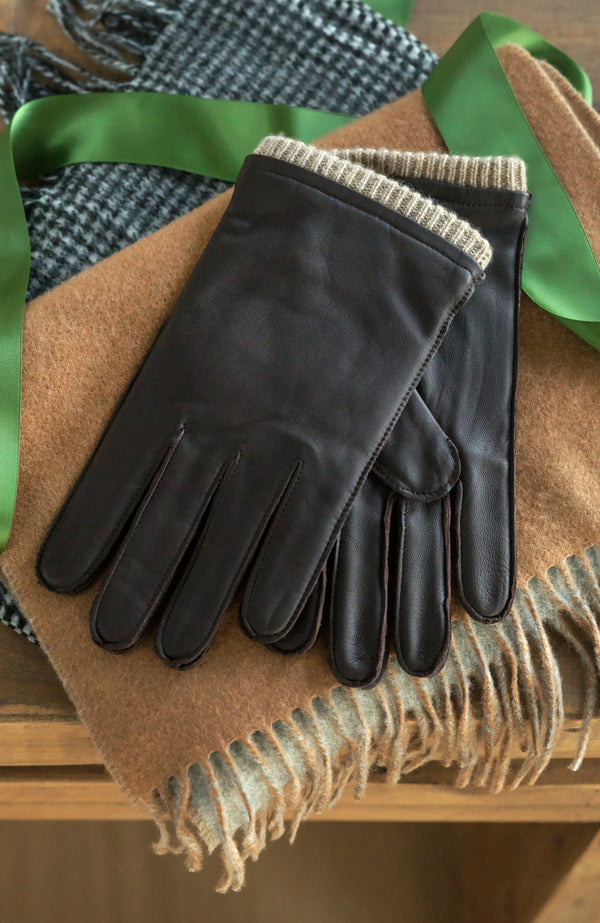 NAPPA LEATHER GLOVE WITH CASHMERE RIB CUFF ON CASHMERE SCARF WITH HOLIDAY RIBBON in brown