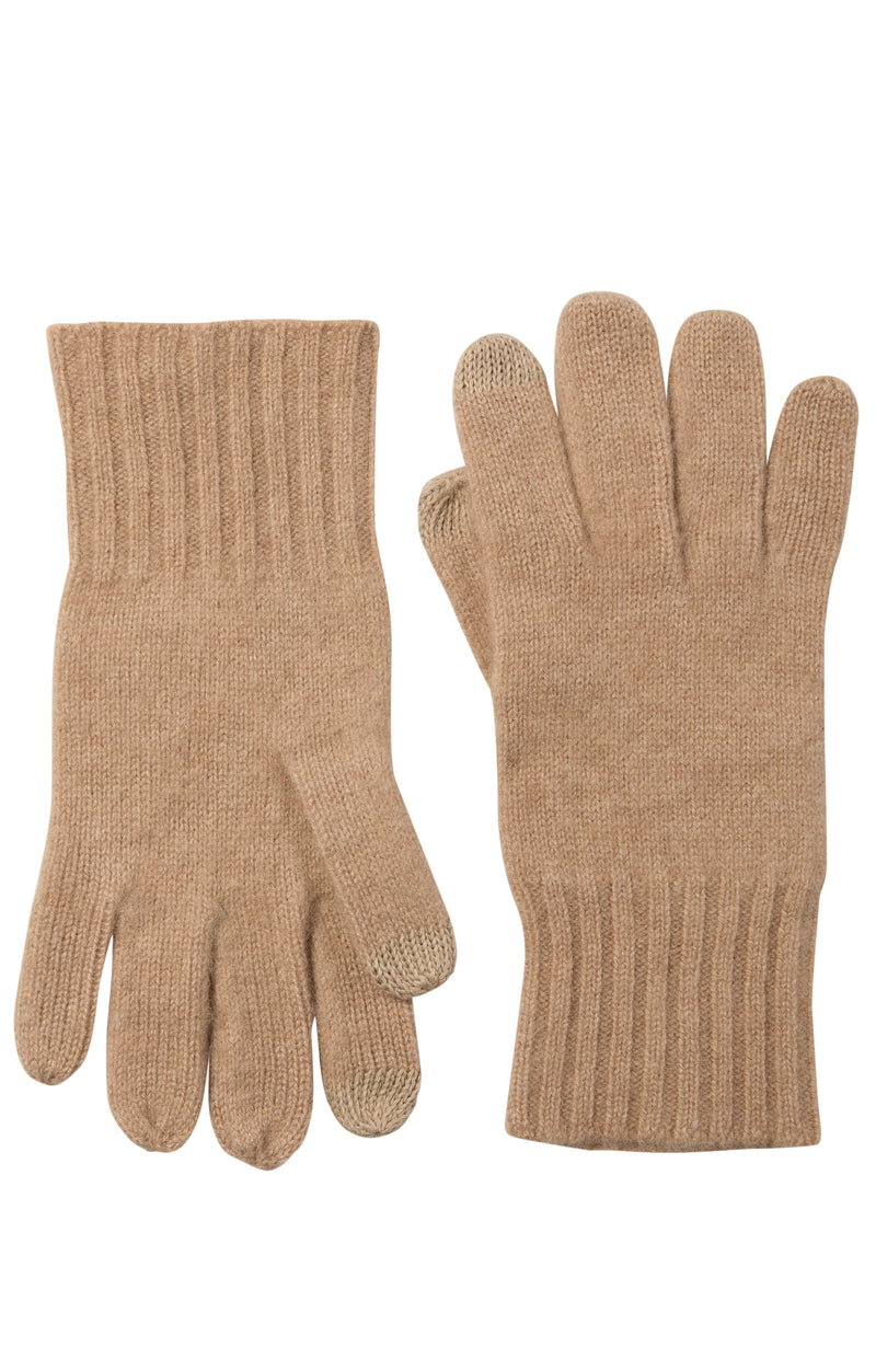 CASHMERE KNIT RIBBED CUFF GLOVE WITH TOUCH TECH in camel