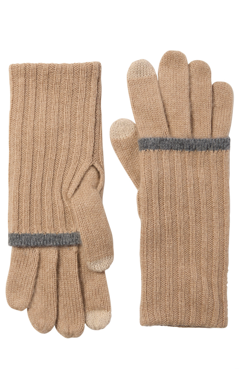 CASHMERE GLOVE WITH FOLDOVER TIPPED CUFF in camel