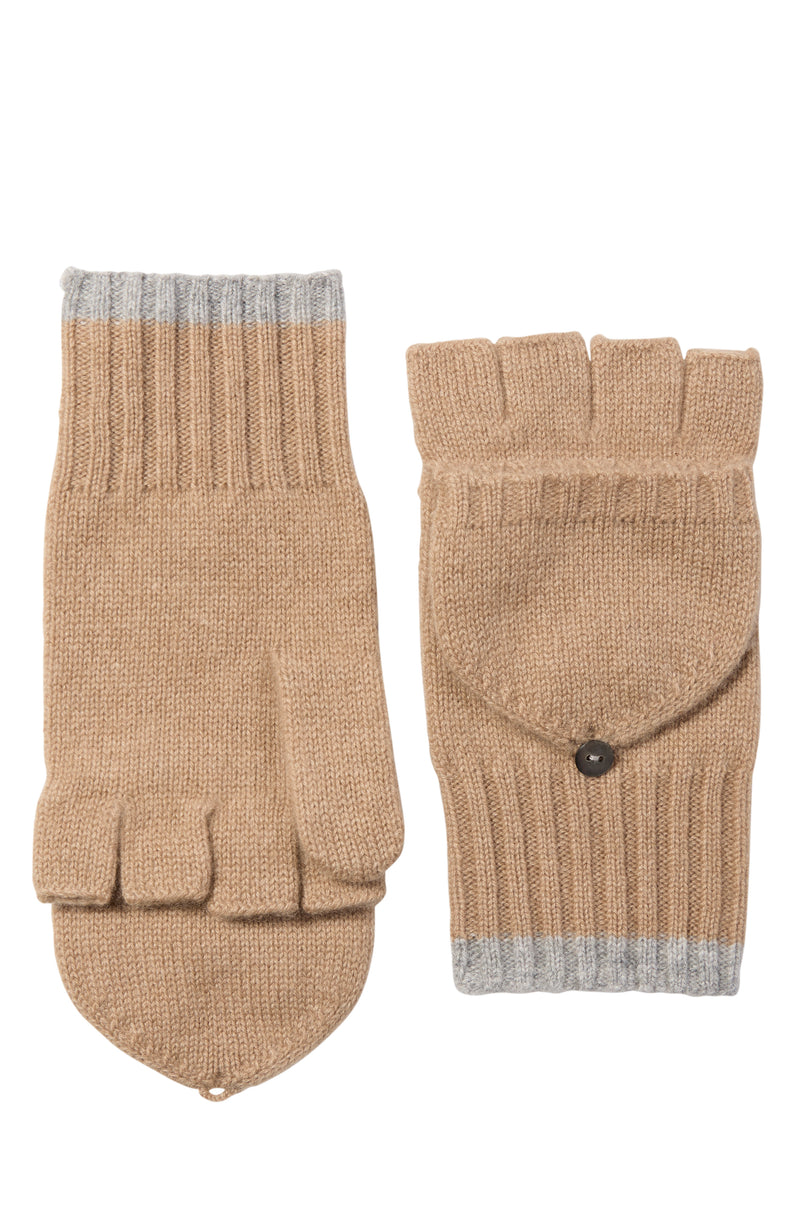 CASHMERE POP TOP GLOVE WITH CUFF TIPPING in camel/grey