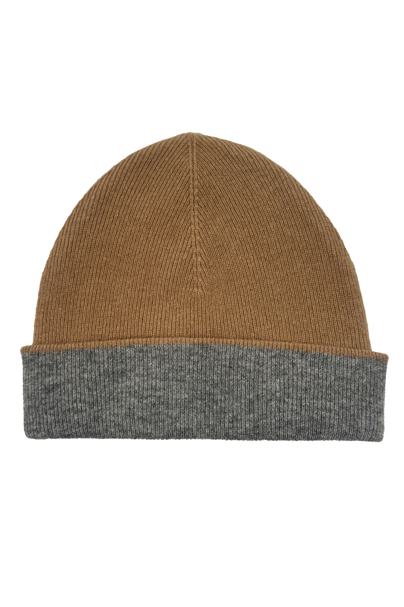 CASHMERE DOUBLE LAYER KNIT HAT in camel