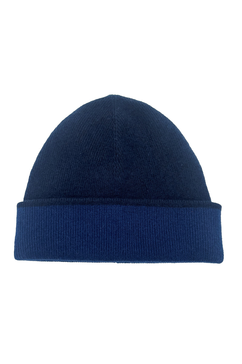 CASHMERE DOUBLE LAYER KNIT HAT in navy