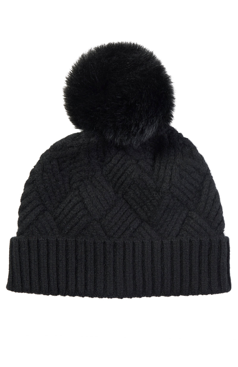 CASHMERE BASKETWEAVE RIB HAT WITH SHEARLING POM in black