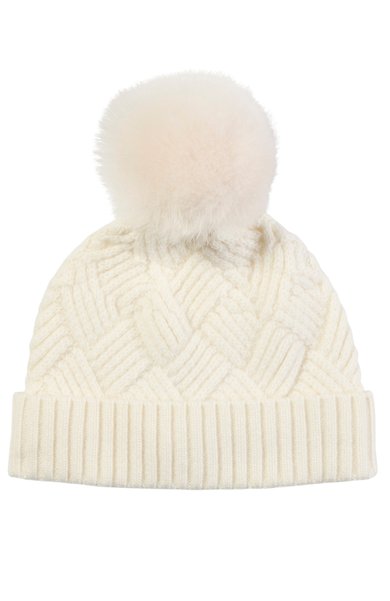 CASHMERE BASKETWEAVE RIB HAT WITH SHEARLING POM in ivory