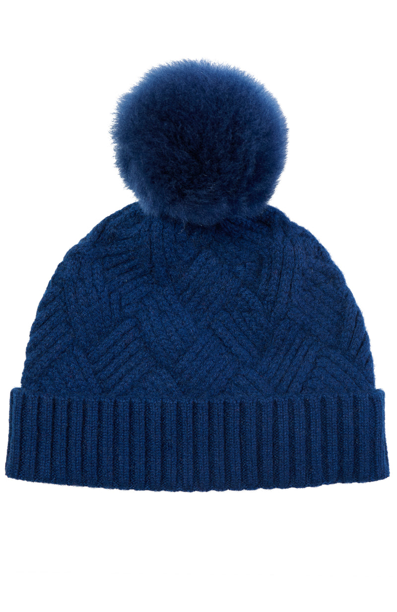 CASHMERE BASKETWEAVE RIB HAT WITH SHEARLING POM in navy