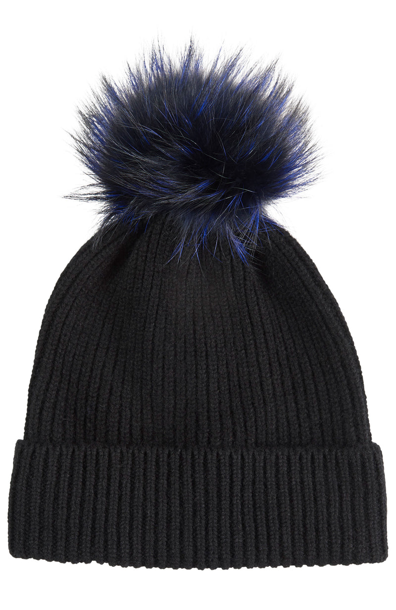 CHUNKY RIBBED CASHMERE HAT WITH FUR POM in black/blue