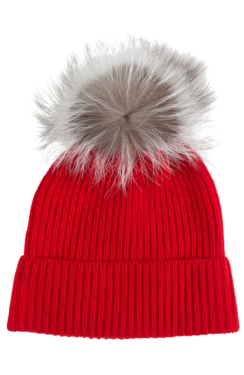 CHUNKY RIBBED CASHMERE HAT WITH FUR POM in red