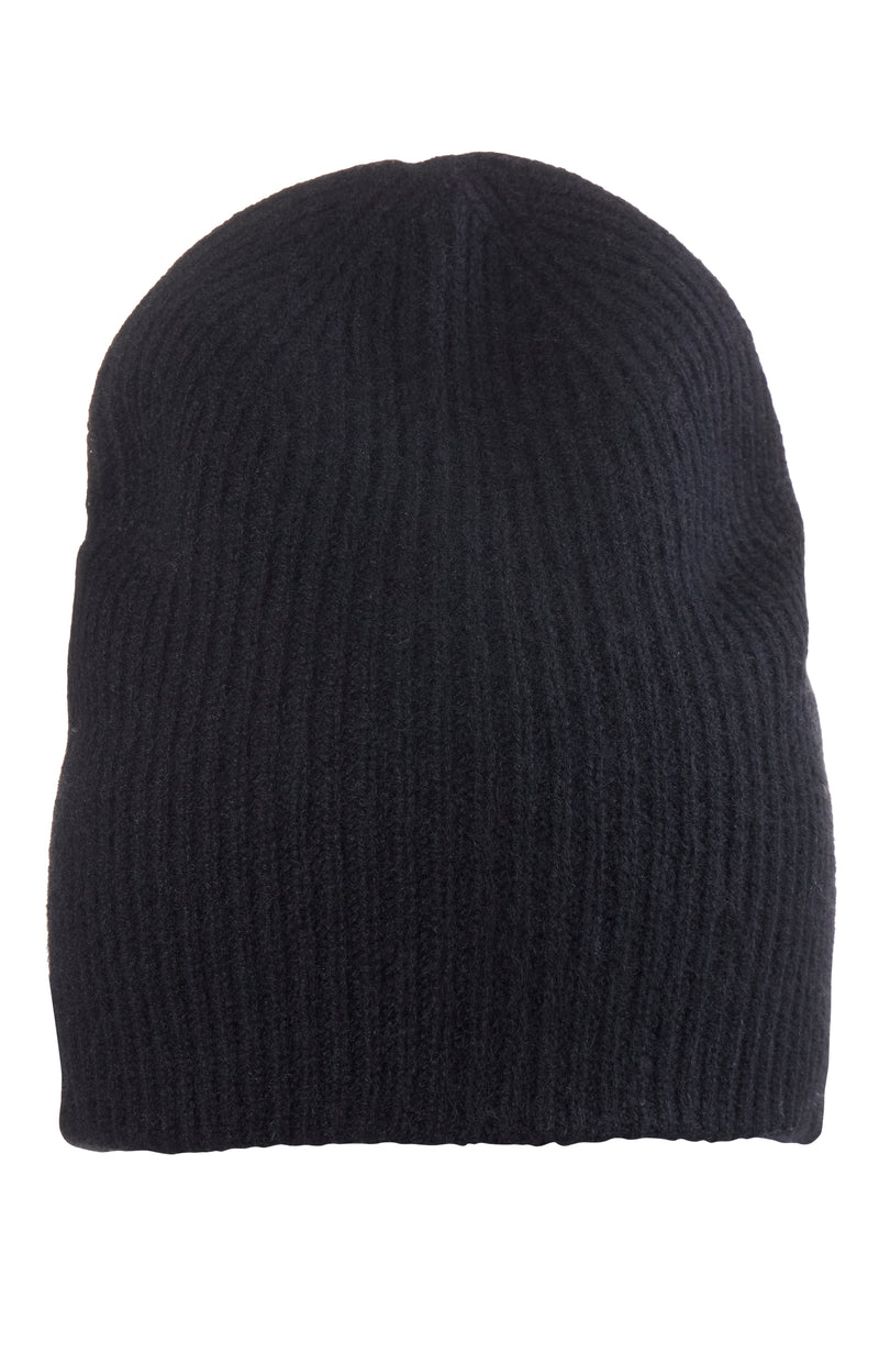 CASHMERE RIB KNIT DOUBLE LAYER SLOUCHY HAT in black