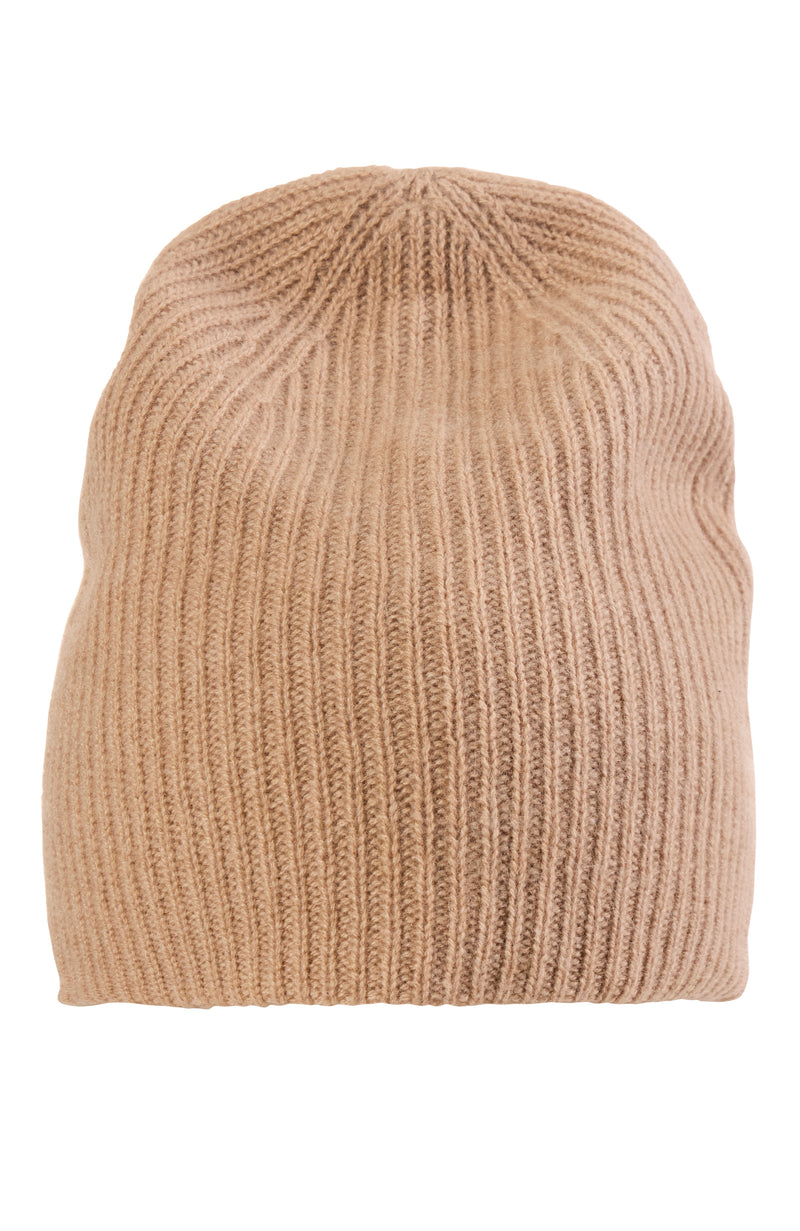 CASHMERE RIB KNIT DOUBLE LAYER SLOUCHY HAT in camel