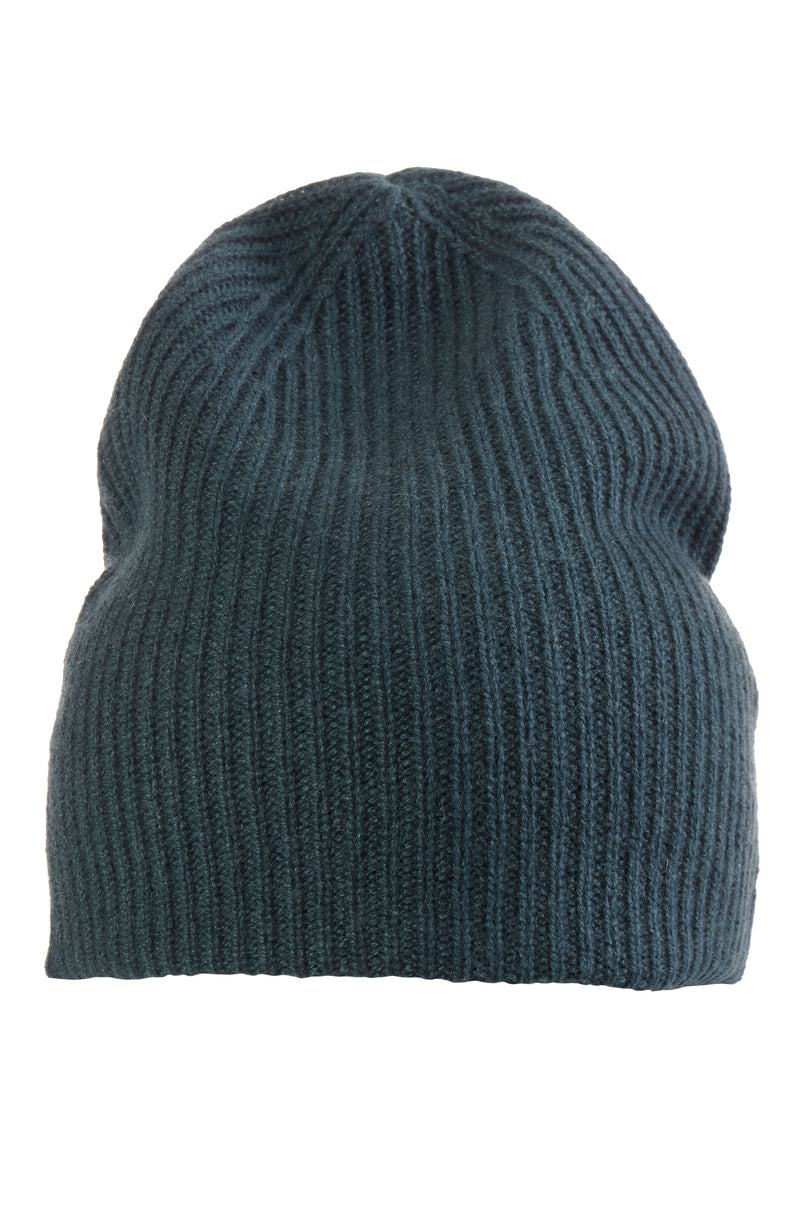 CASHMERE RIB KNIT DOUBLE LAYER SLOUCHY HAT in spruce