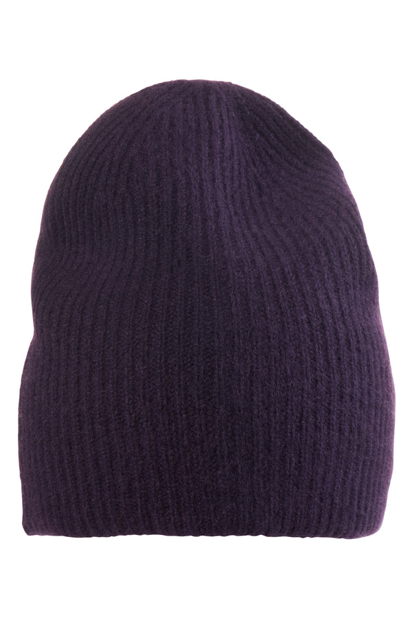 CASHMERE RIB KNIT DOUBLE LAYER SLOUCHY HAT in dark currant